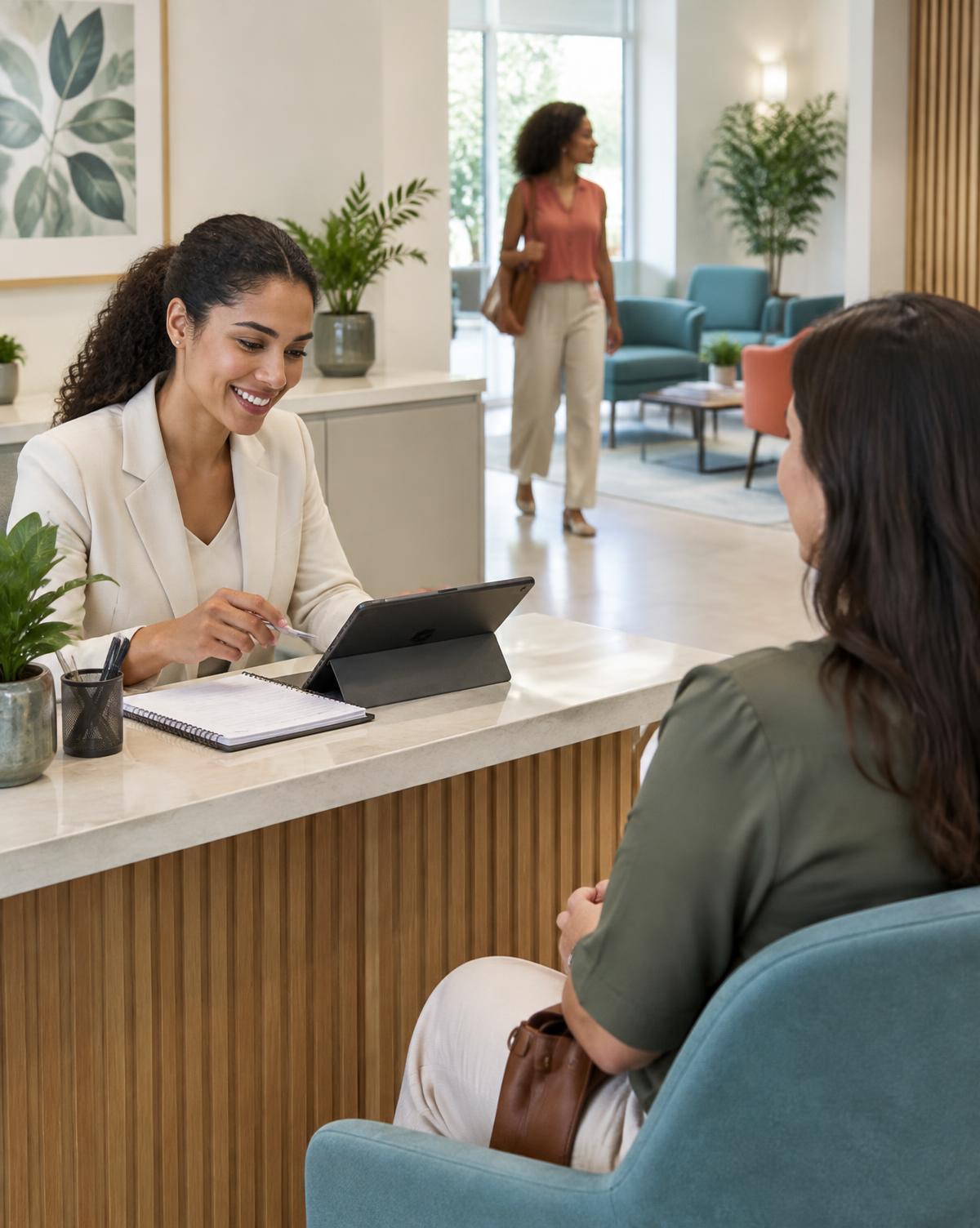 Recepcionista de clínica acolhendo uma cliente em um ambiente organizado