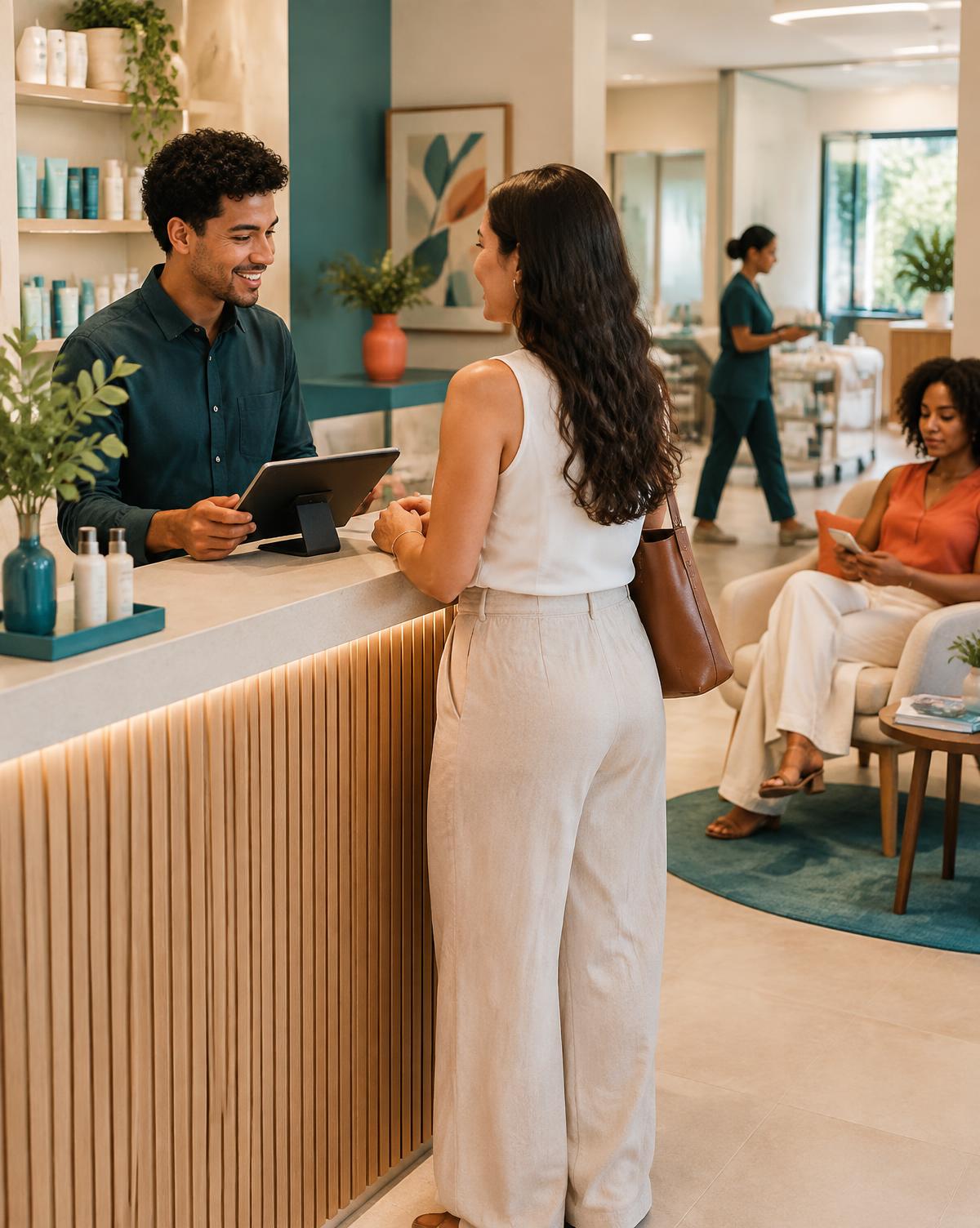 Recepção de salão de beleza com clientes e equipe em movimento tranquilo