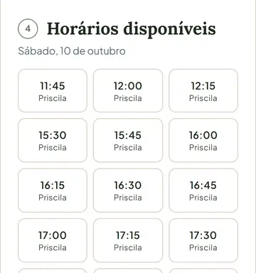 Tela de agendamento online com os horários livres da manicure escolhida