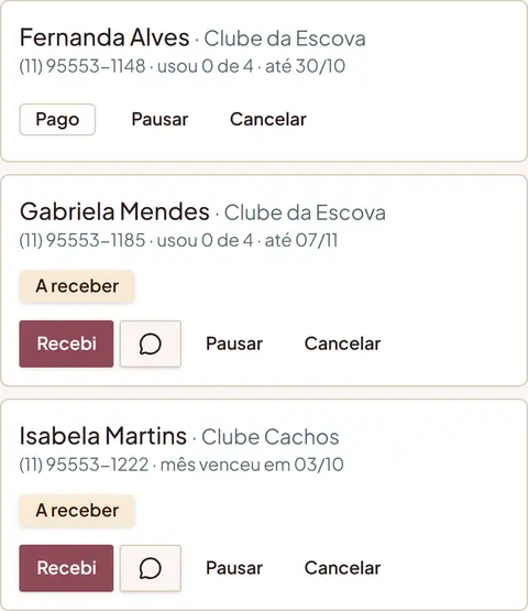 Lista de assinantes do clube do salão com o botão de cobrar pelo WhatsApp para quem está a receber