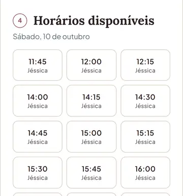 Tela de agendamento online com os horários livres da profissional escolhida