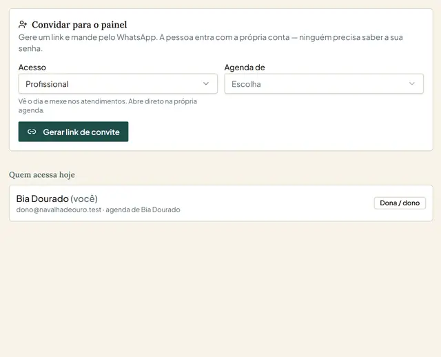 Convite para o painel com tipo de acesso e a lista de quem acessa