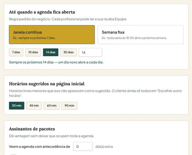 Regras de agendamento: janela contínua ou semana fixa e horários sugeridos