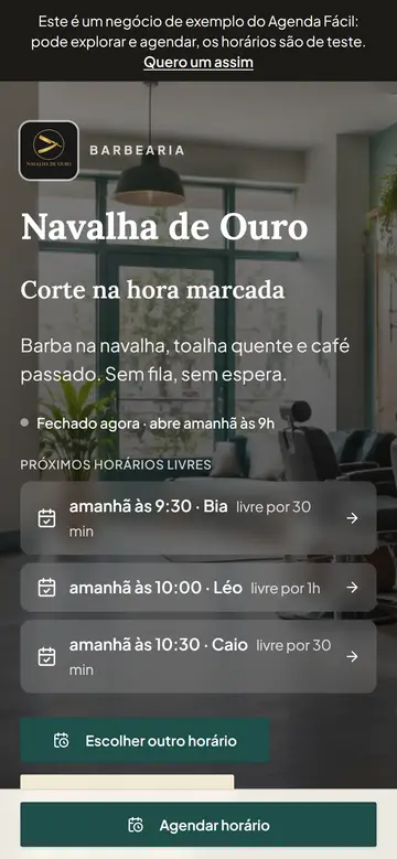 Página pública do negócio no celular com os próximos horários livres