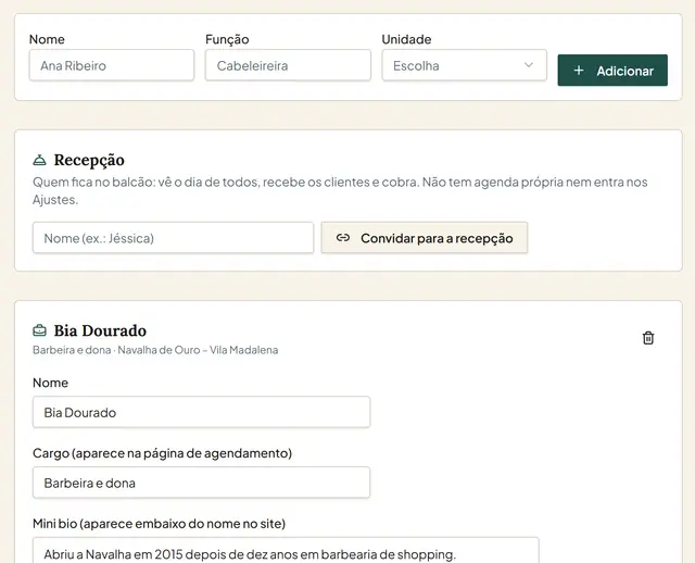 Cadastro de profissional com nome, função e unidade, e a ficha de cada pessoa
