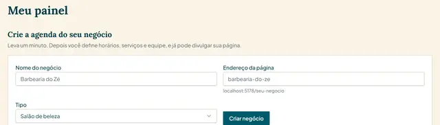 Tela para criar o negócio com nome, endereço da página e tipo