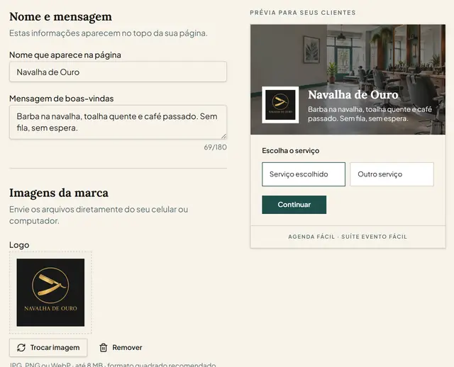 Identidade e marca com logo, cores e prévia da página