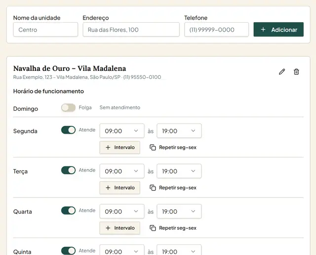 Cadastro da unidade com horário de funcionamento por dia da semana