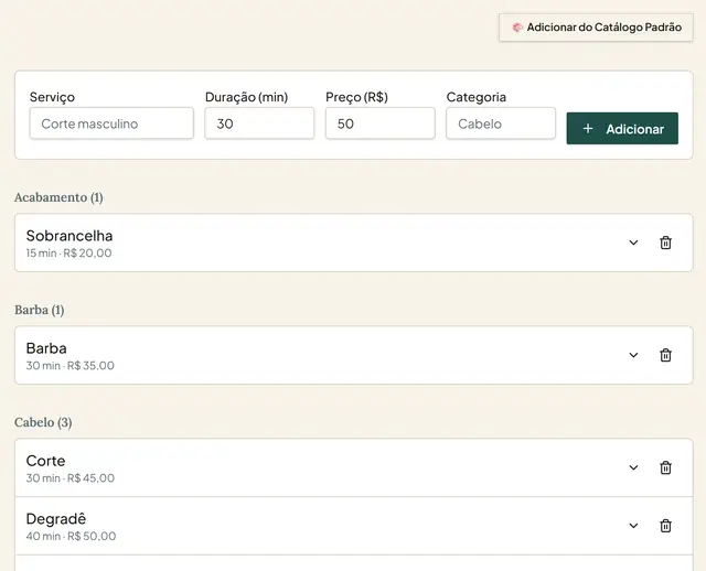 Lista de serviços por categoria com duração e preço