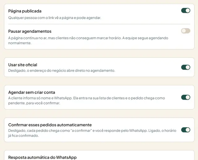 Configurações do site com página publicada, pausar agendamentos e site oficial